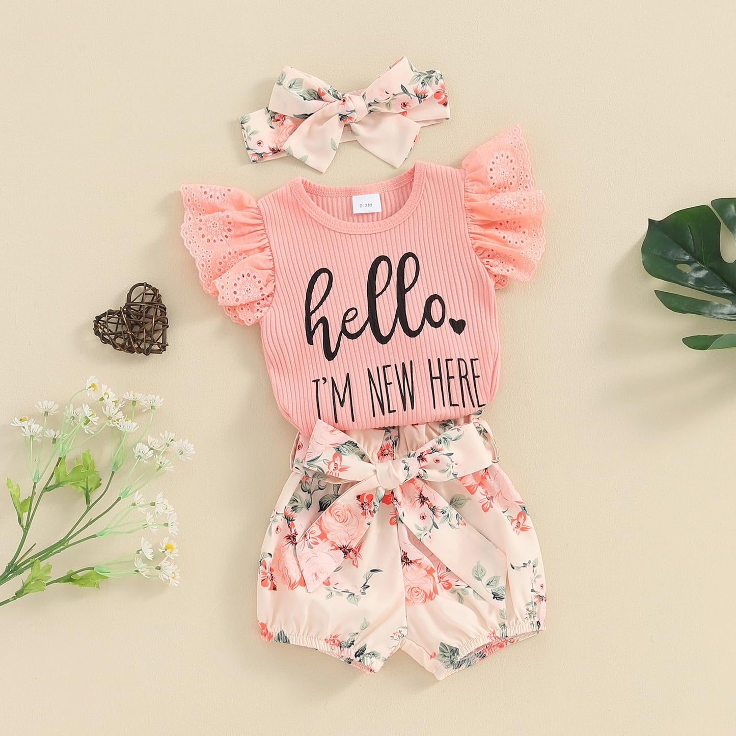 Hello World - Conjunto de mameluco acanalado con volantes y pantalones florales para recién nacido, ropa de verano