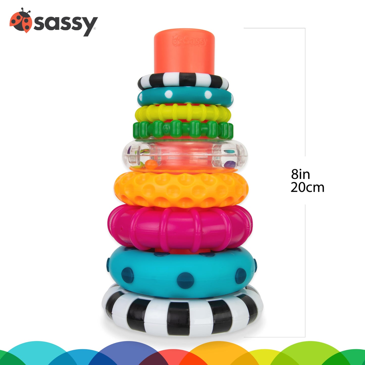 Sassy Stacks of Circles - Juego de 9 piezas para aprender con anillo apilable, para edades de 6 meses en adelante, multicolor