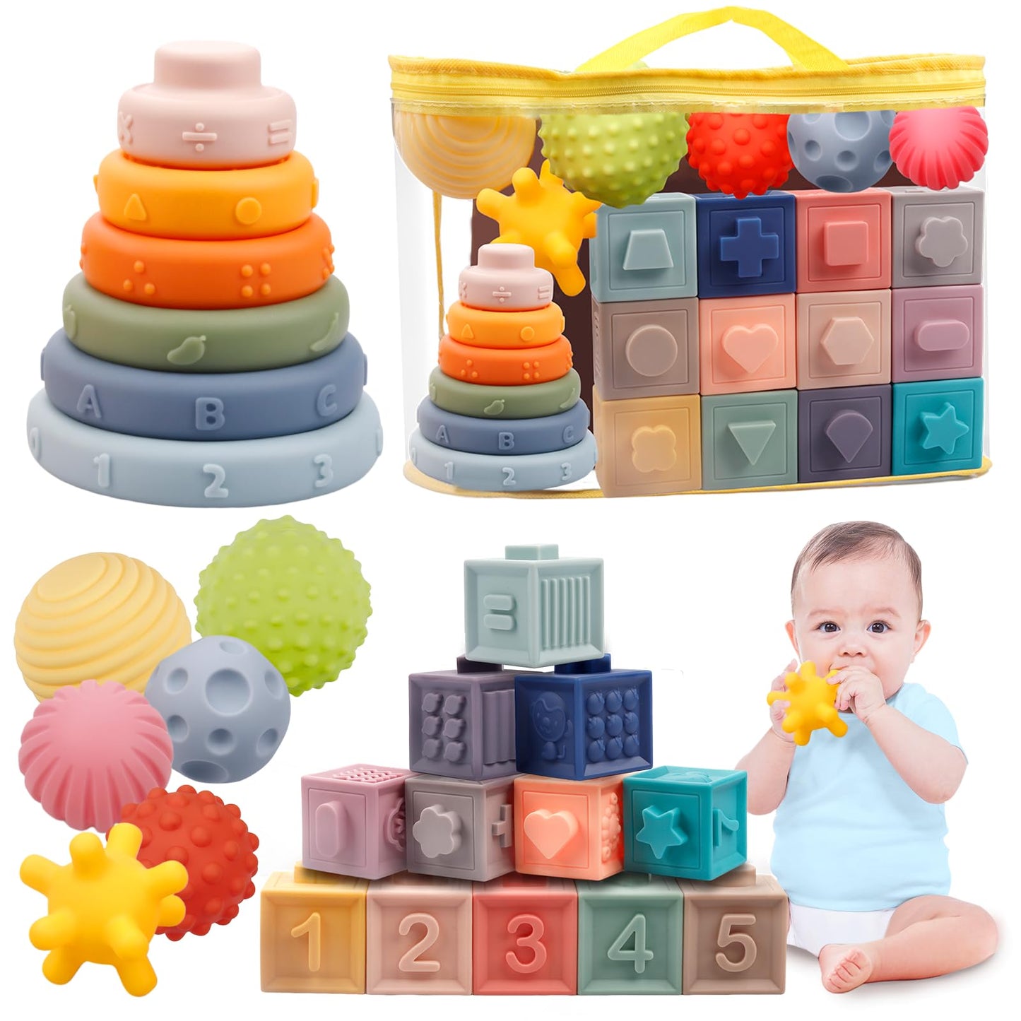 Juguetes 4 en 1 para bebés de 6 a 12 meses, bloques apilables suaves Montessori para bebés, juguetes de dentición, bolas sensoriales y juego de aprendizaje educativo para niños pequeños (niños