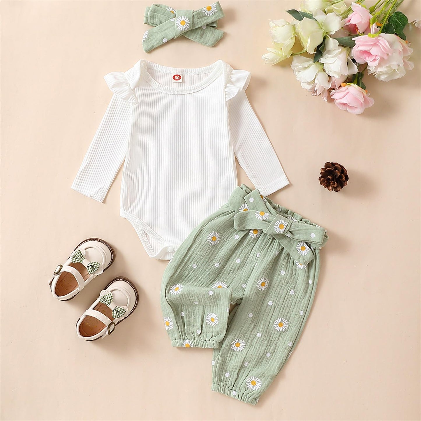 Kaipiclos Newborn Infant Girl Clothes Rib Knit Romper Daisy Print Pants Headband Baby Clothes for Girls 0 3 6 12 18 24 Months