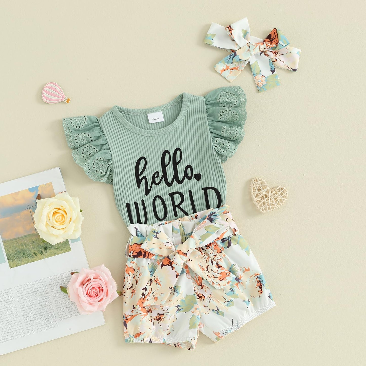 Hello World - Conjunto de mameluco acanalado con volantes y pantalones florales para recién nacido, ropa de verano