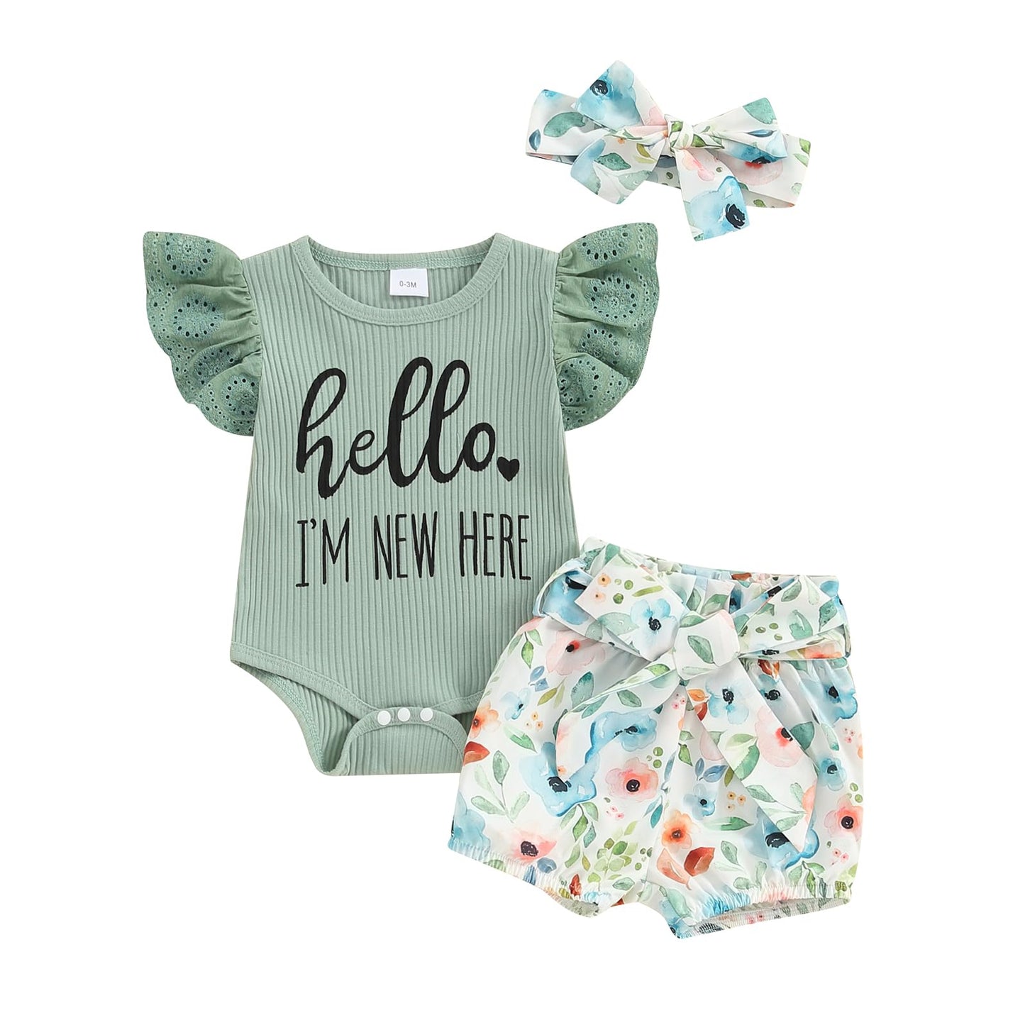 Hello World - Conjunto de mameluco acanalado con volantes y pantalones florales para recién nacido, ropa de verano