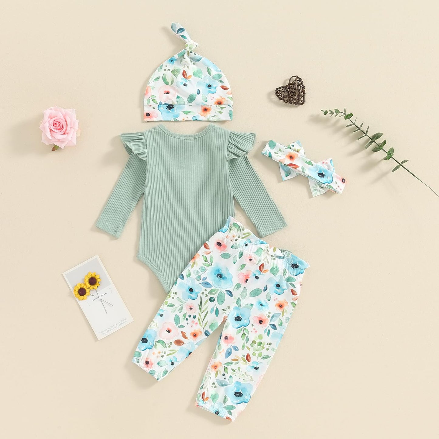 Hello World - Conjunto de mameluco acanalado con volantes y pantalones florales para recién nacido, ropa de verano