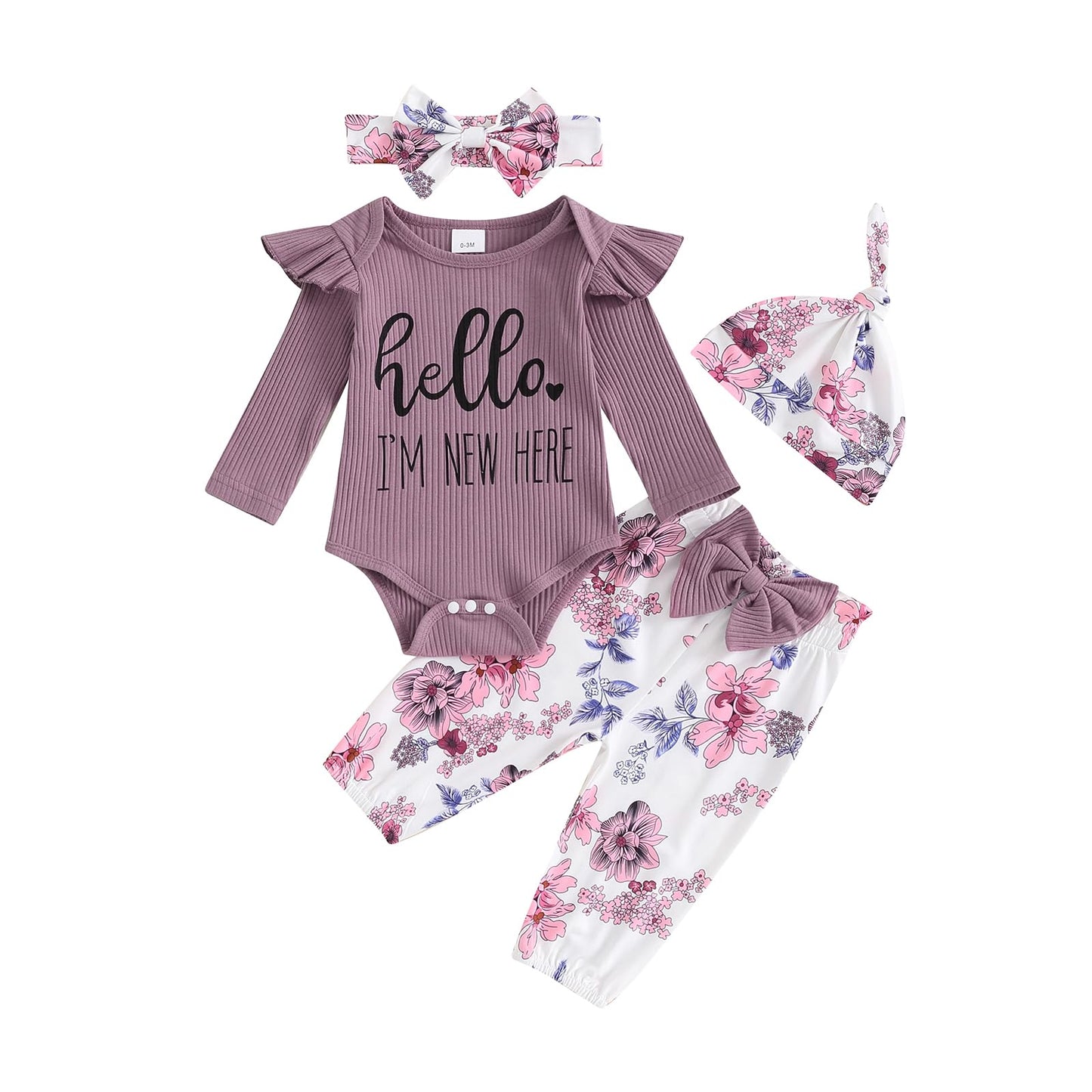 Hello World - Conjunto de mameluco acanalado con volantes y pantalones florales para recién nacido, ropa de verano