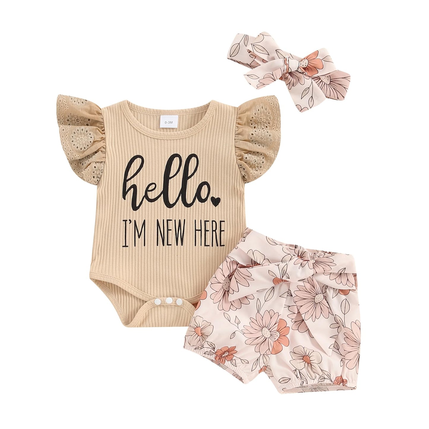 Hello World - Conjunto de mameluco acanalado con volantes y pantalones florales para recién nacido, ropa de verano