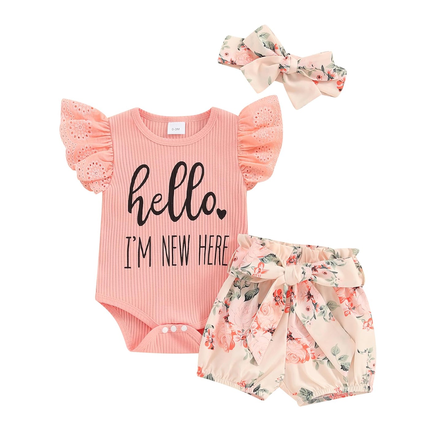 Hello World - Conjunto de mameluco acanalado con volantes y pantalones florales para recién nacido, ropa de verano