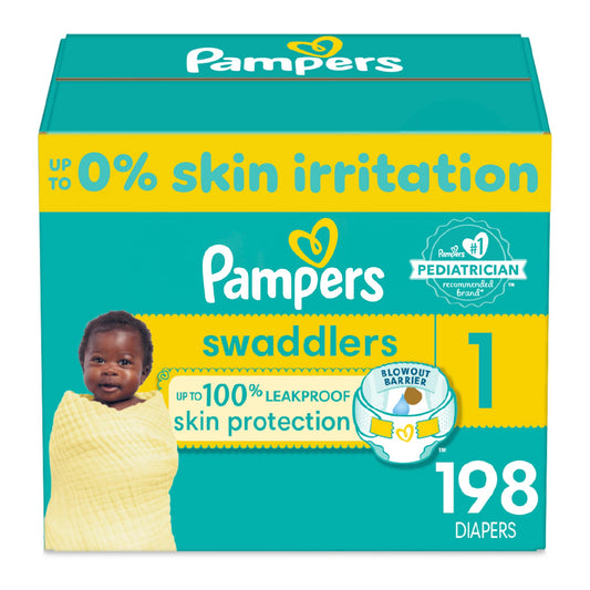 Pampers Swaddlers Diapers - Size 1, One Month Supply (198 Count), Ultra Soft Disposable Baby Diapers