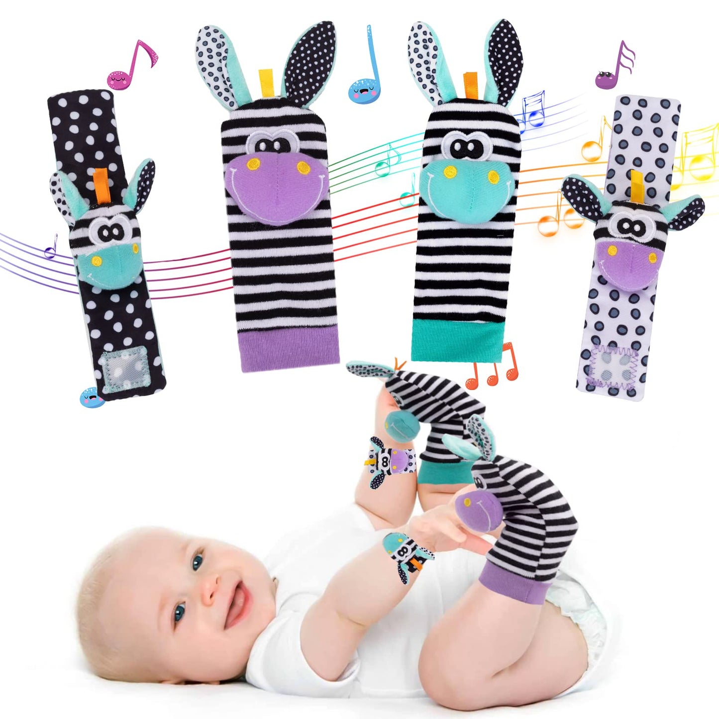 Juego de calcetines para sonajero de muñeca, para bebé, brazo, mano, pulsera, sonajero, pies, piernas, tobillos, calcetines para recién nacidos, juguetes sensoriales suaves para bebés,