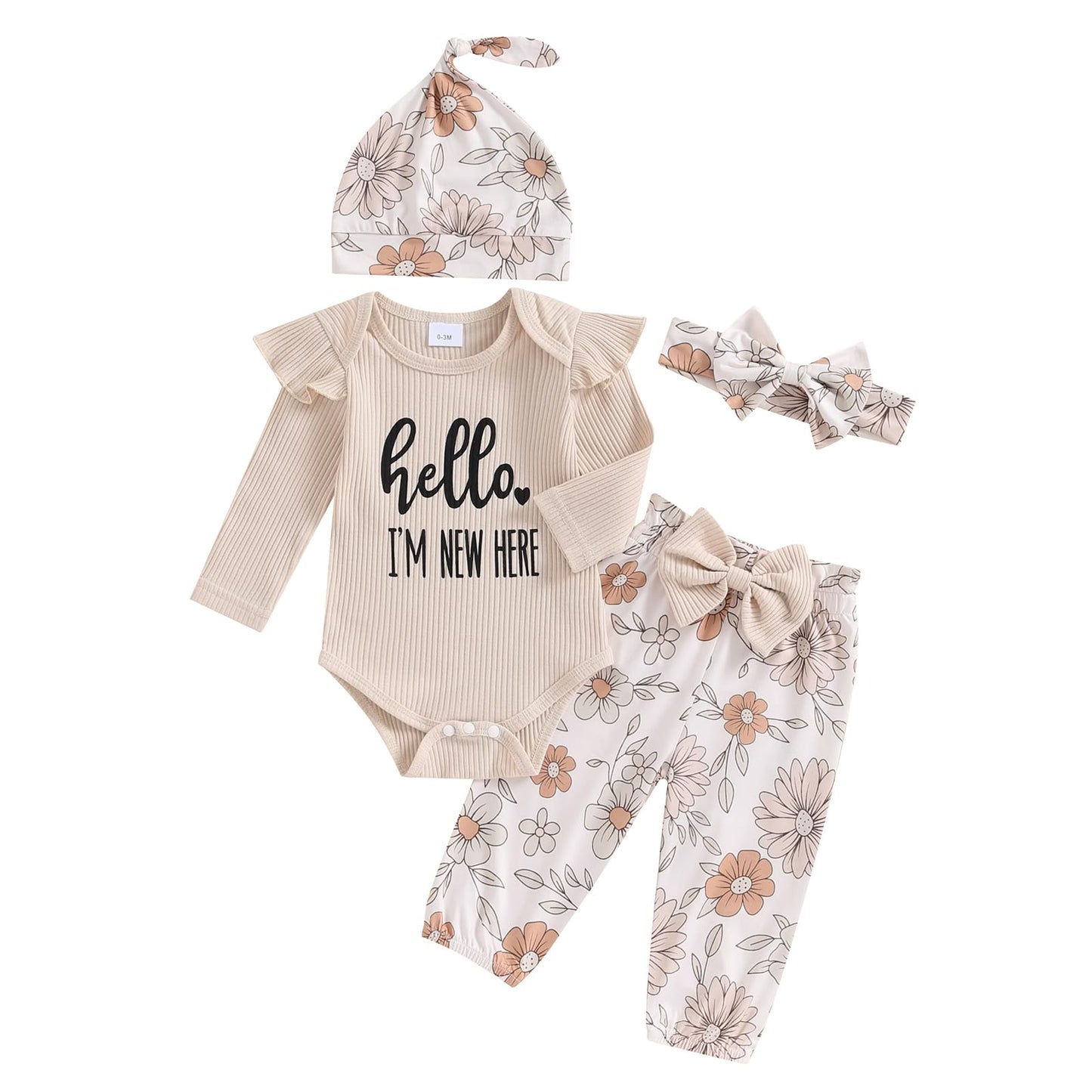 Hello World - Conjunto de mameluco acanalado con volantes y pantalones florales para recién nacido, ropa de verano