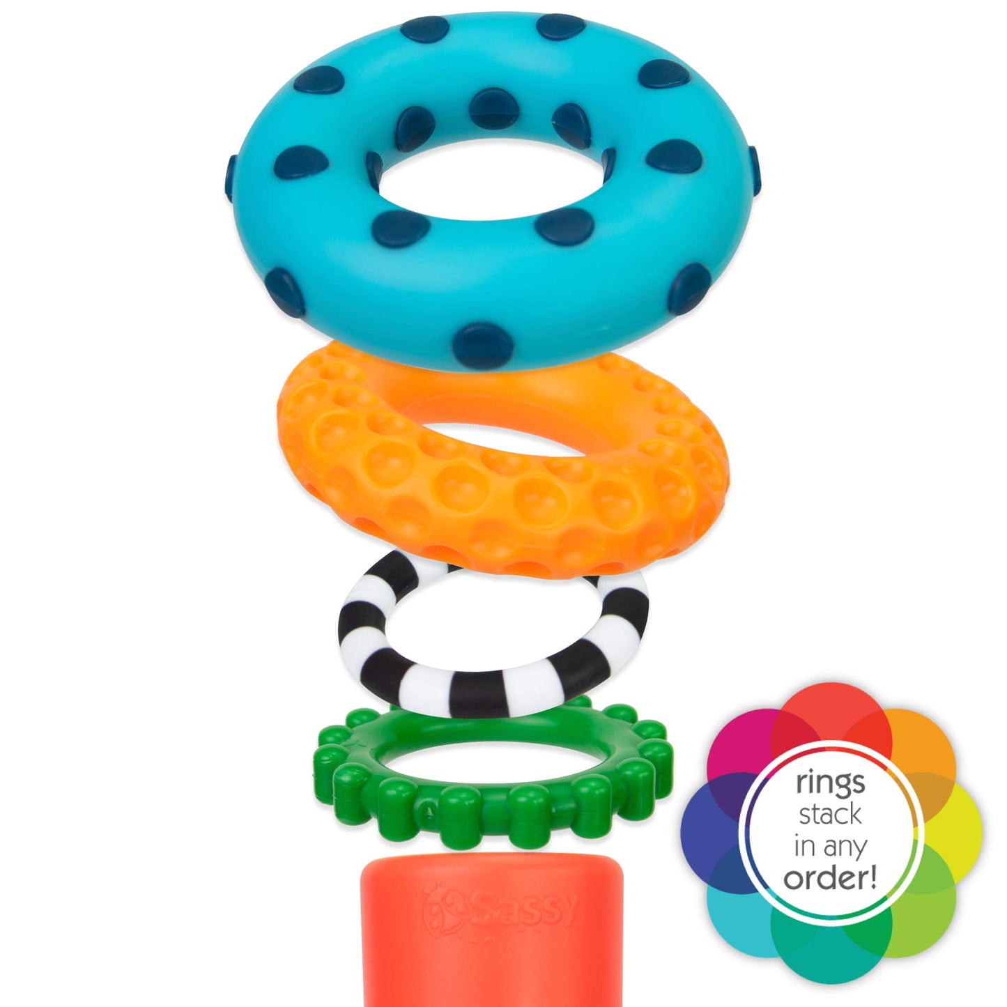 Sassy Stacks of Circles - Juego de 9 piezas para aprender con anillo apilable, para edades de 6 meses en adelante, multicolor