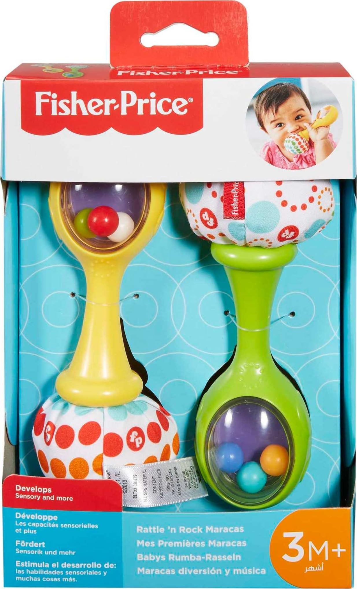 Fisher-Price Baby Newborn Toys Rattle 'n Rock Maracas, juego de 2 instrumentos musicales suaves para bebés de más de 3 meses, color azul y naranja