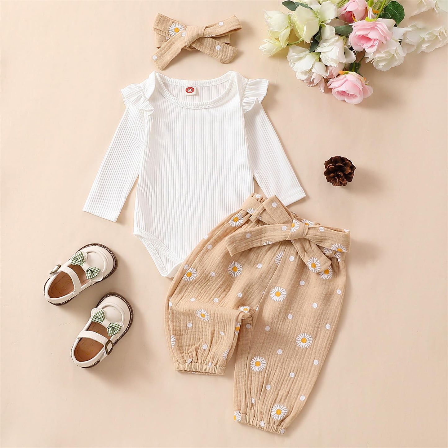 Kaipiclos Newborn Infant Girl Clothes Rib Knit Romper Daisy Print Pants Headband Baby Clothes for Girls 0 3 6 12 18 24 Months