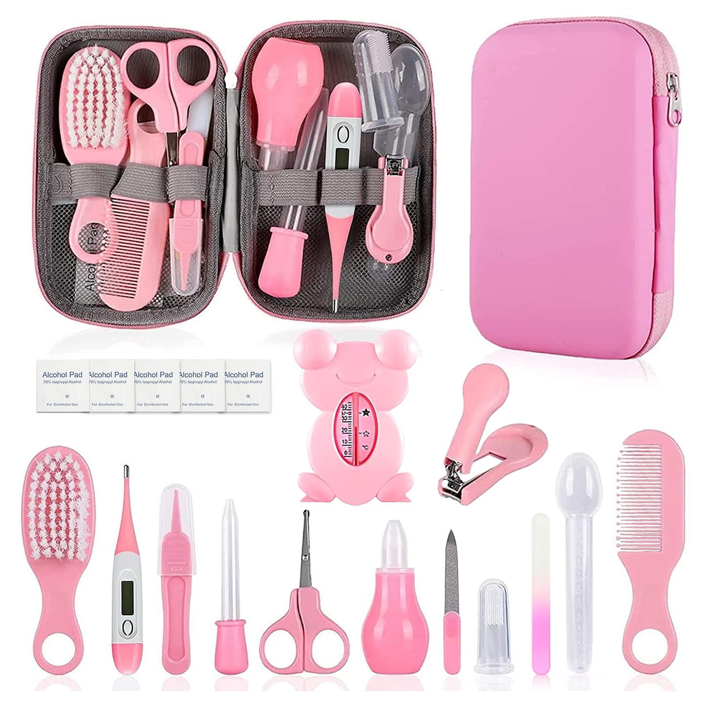 Baby Grooming Kit, Infant Safety Care Set with Hair Brush Comb Nail Clipper Nasal Aspirator,Baby Essentials Kit for Newborn Girls Boys (Pink Baby Grooming kit)