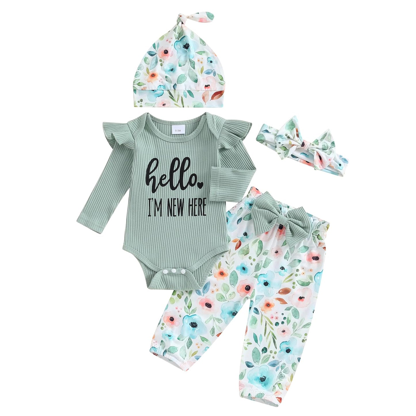 Hello World - Conjunto de mameluco acanalado con volantes y pantalones florales para recién nacido, ropa de verano