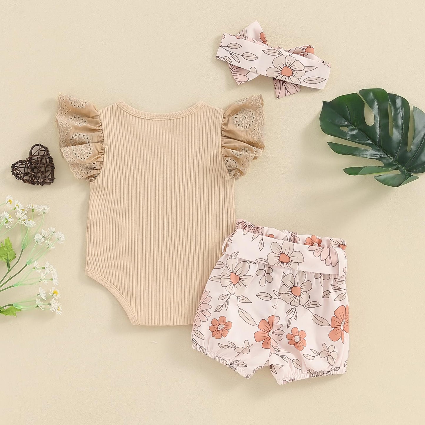 Hello World - Conjunto de mameluco acanalado con volantes y pantalones florales para recién nacido, ropa de verano