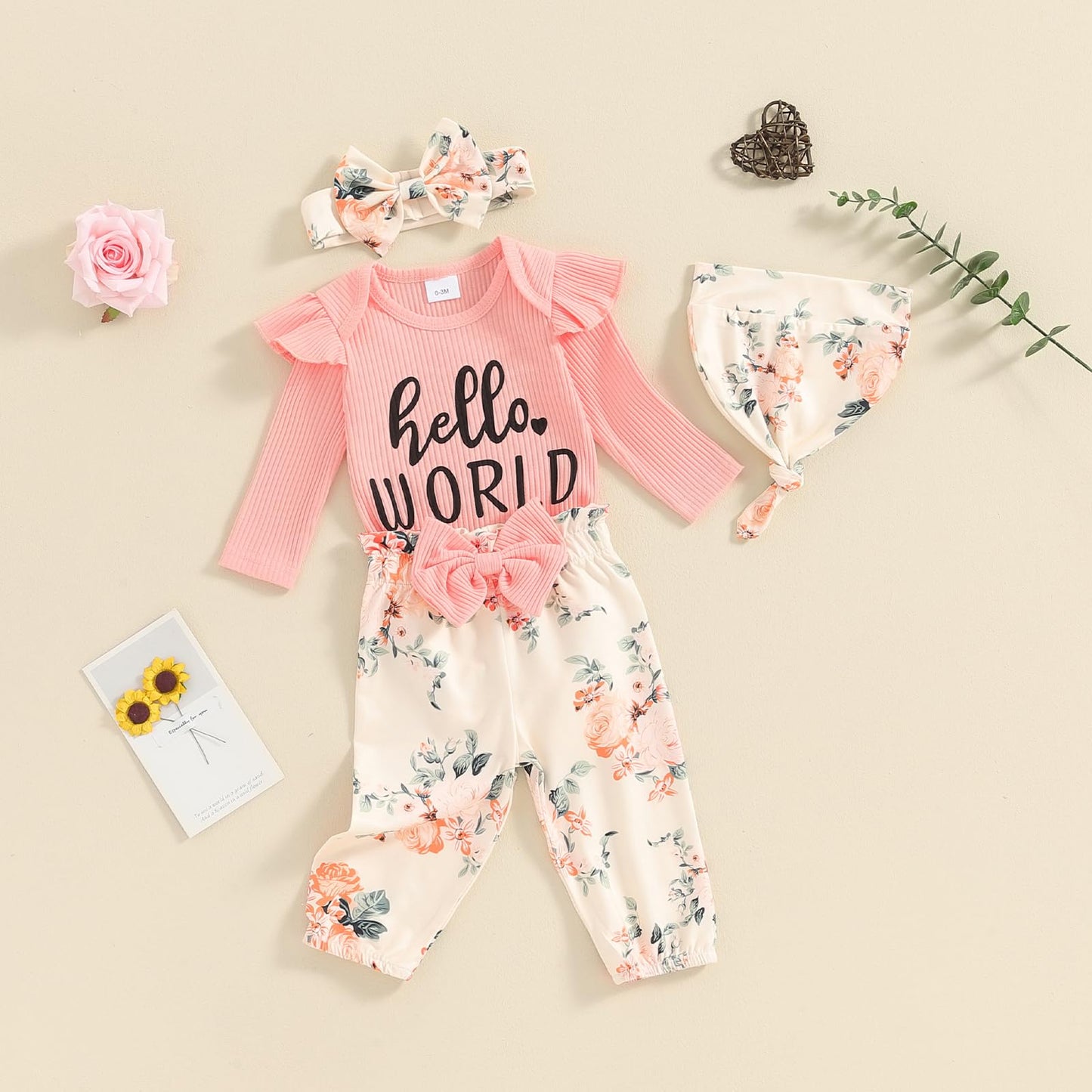 Hello World - Conjunto de mameluco acanalado con volantes y pantalones florales para recién nacido, ropa de verano