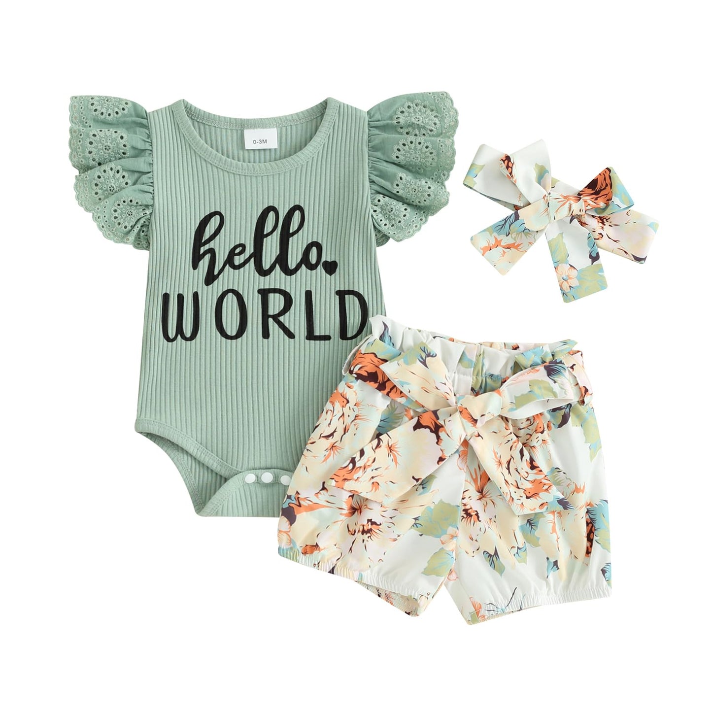 Hello World - Conjunto de mameluco acanalado con volantes y pantalones florales para recién nacido, ropa de verano