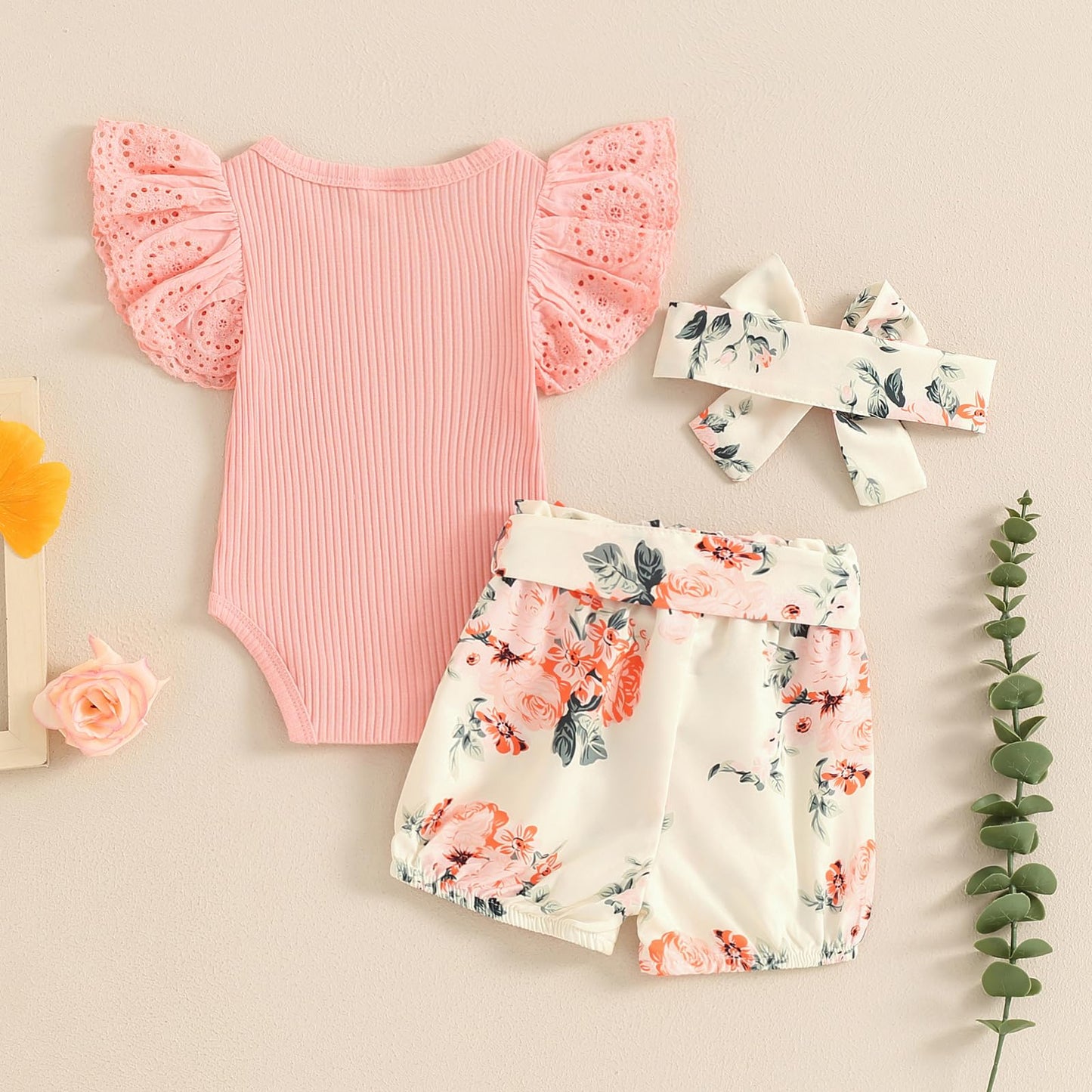 Hello World - Conjunto de mameluco acanalado con volantes y pantalones florales para recién nacido, ropa de verano