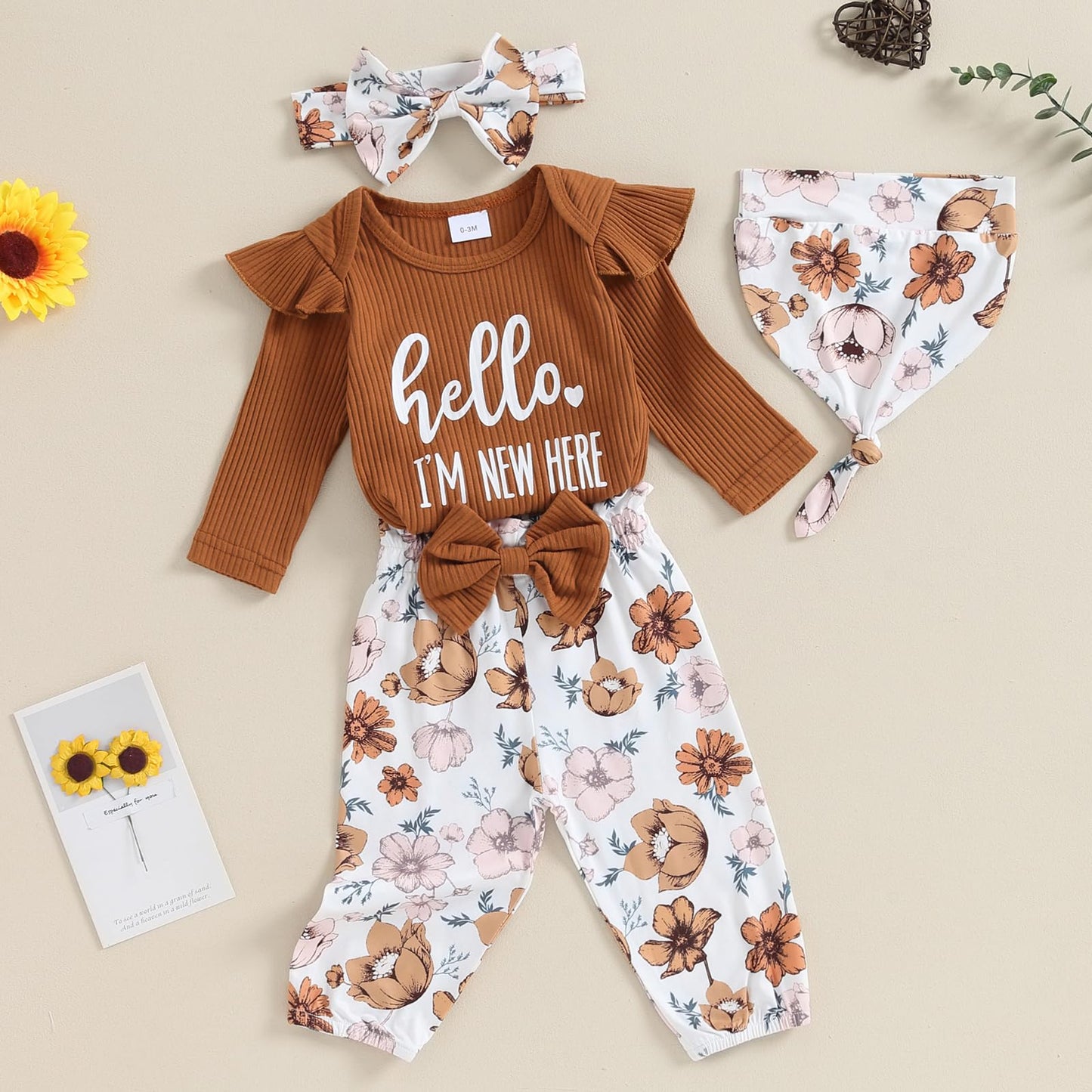 Hello World - Conjunto de mameluco acanalado con volantes y pantalones florales para recién nacido, ropa de verano