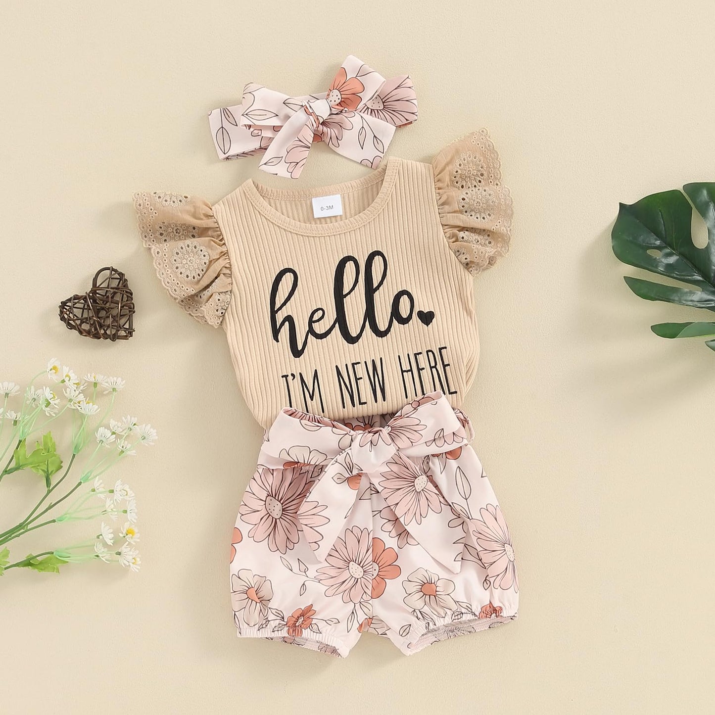 Hello World - Conjunto de mameluco acanalado con volantes y pantalones florales para recién nacido, ropa de verano