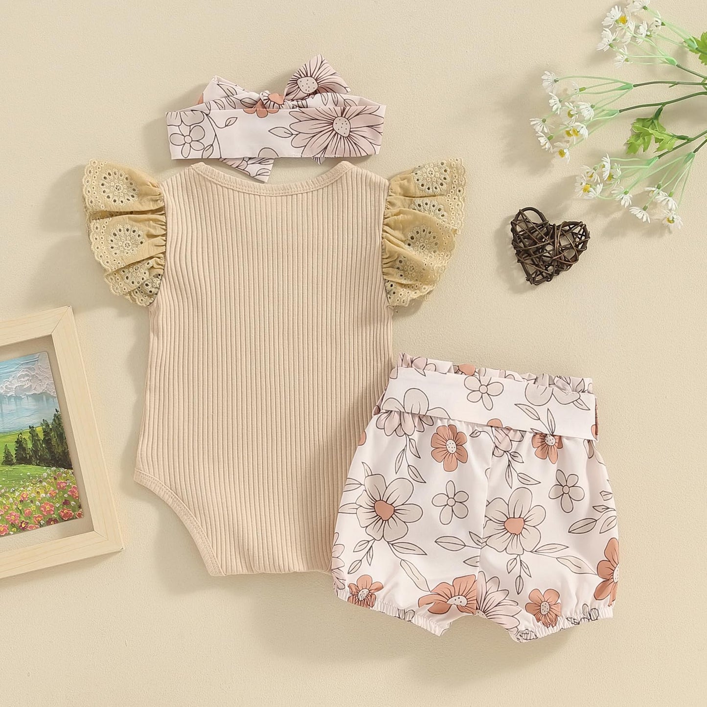 Hello World - Conjunto de mameluco acanalado con volantes y pantalones florales para recién nacido, ropa de verano