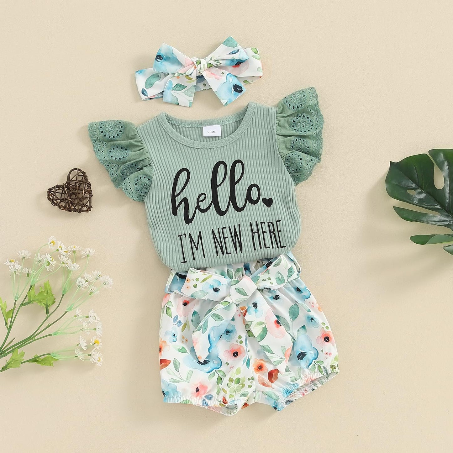 Hello World - Conjunto de mameluco acanalado con volantes y pantalones florales para recién nacido, ropa de verano