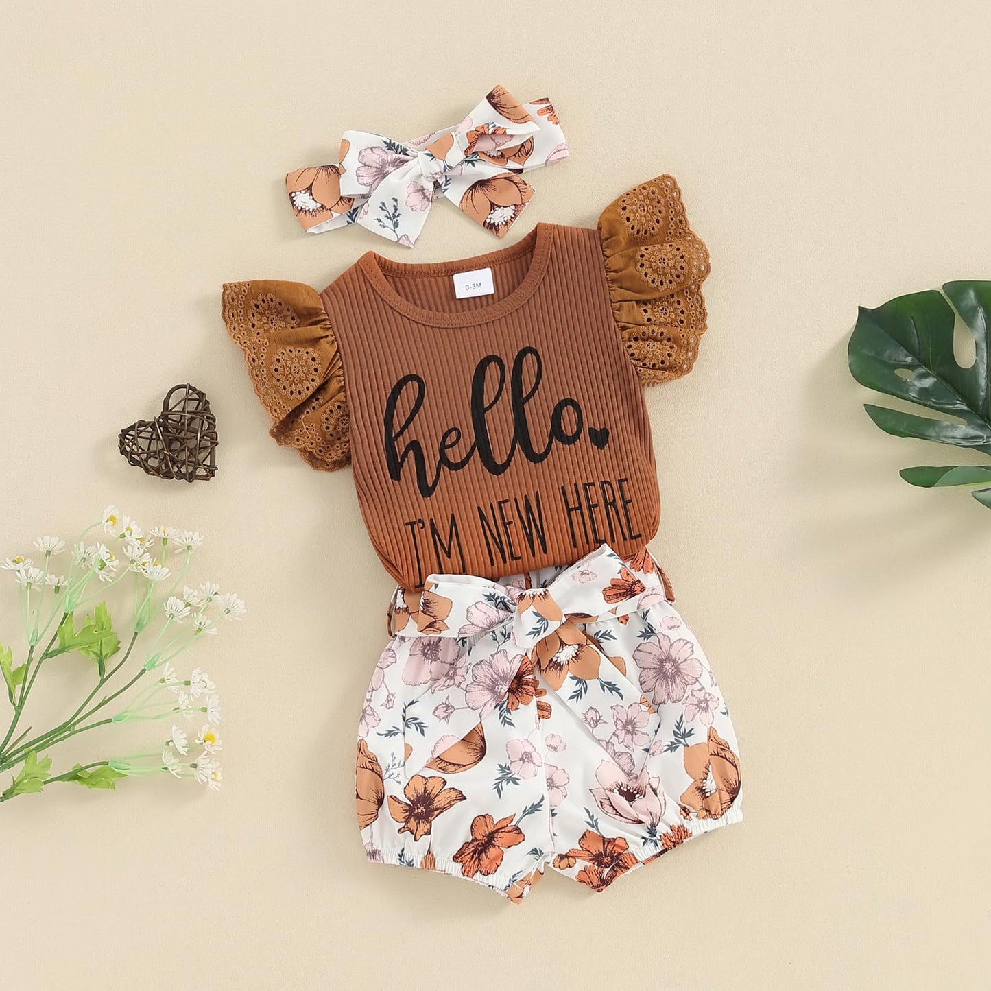 Hello World - Conjunto de mameluco acanalado con volantes y pantalones florales para recién nacido, ropa de verano