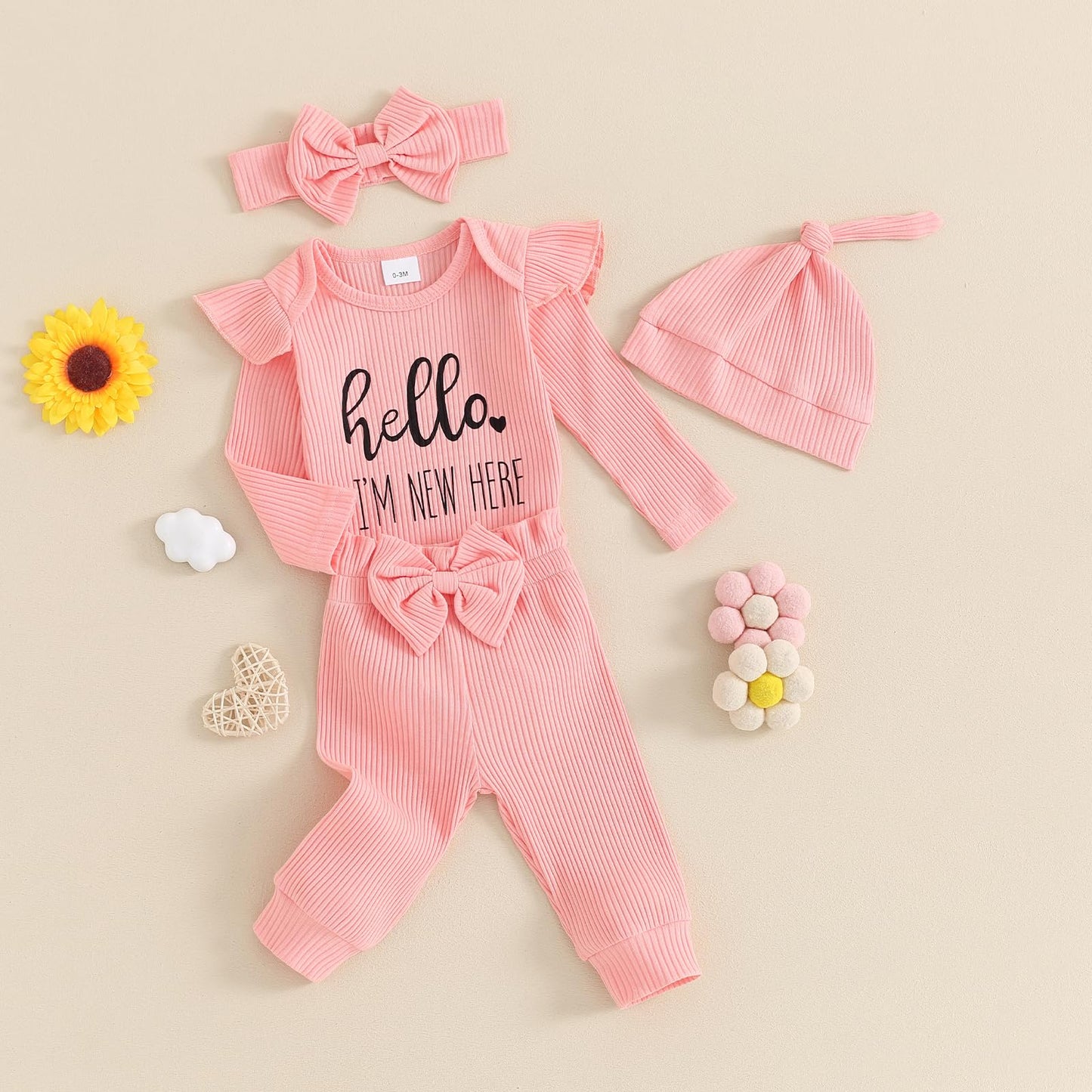 Hello World - Conjunto de mameluco acanalado con volantes y pantalones florales para recién nacido, ropa de verano