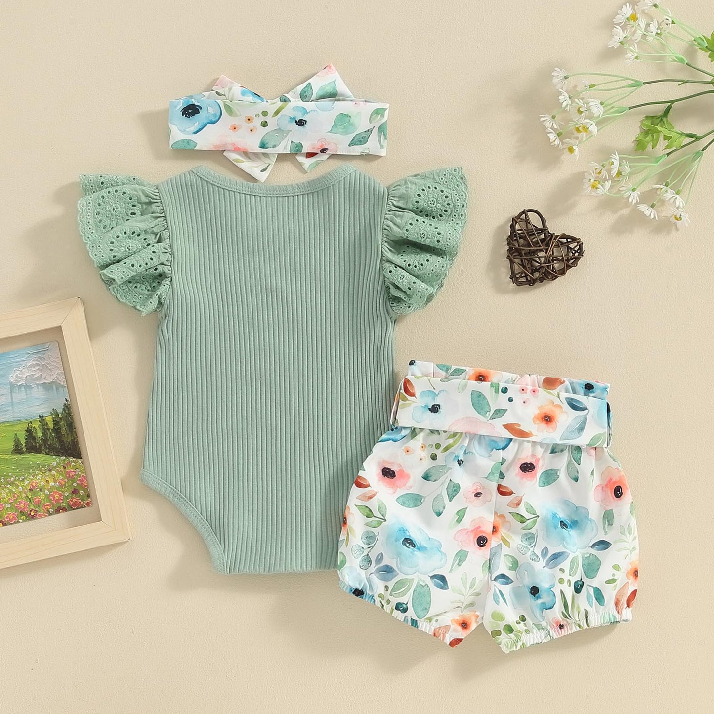 Hello World - Conjunto de mameluco acanalado con volantes y pantalones florales para recién nacido, ropa de verano