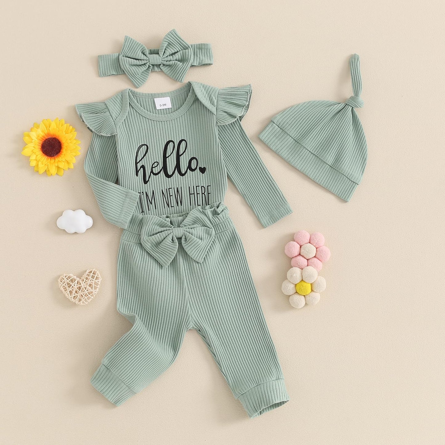 Hello World - Conjunto de mameluco acanalado con volantes y pantalones florales para recién nacido, ropa de verano