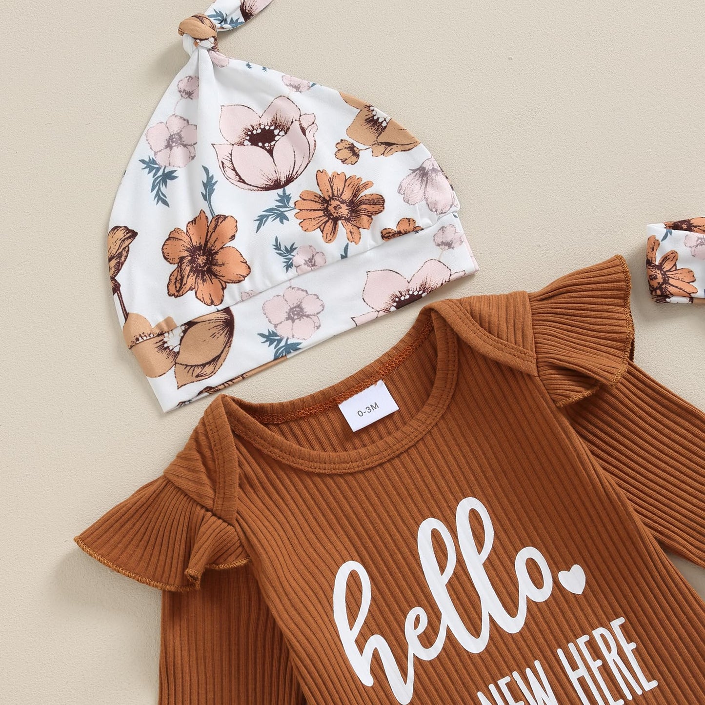 Hello World - Conjunto de mameluco acanalado con volantes y pantalones florales para recién nacido, ropa de verano