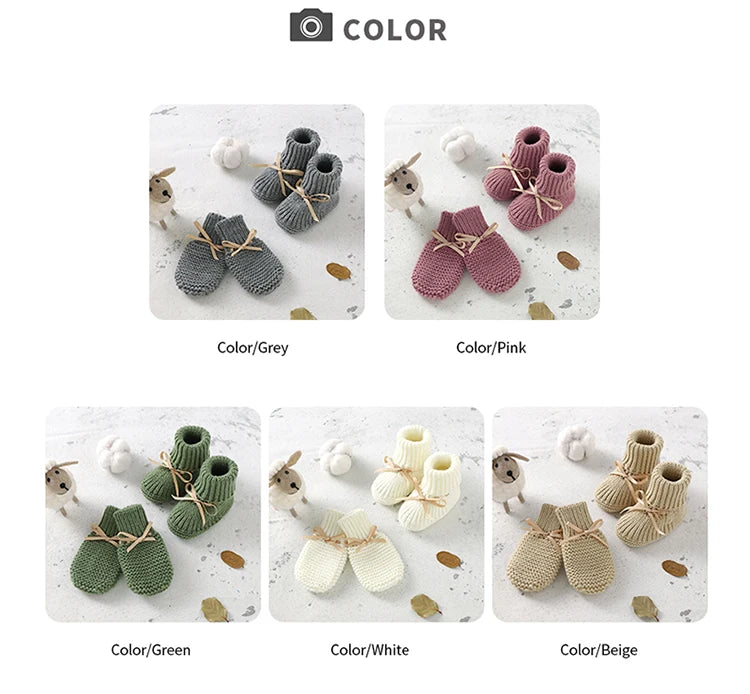 Zapatos, calzados, medias cálidas tejidas para bebés para invierno Baby Shoes + Gloves Set Knit Newborn Girls Boys Boots Mitten Fashion Butterfly-knot Toddler Infant Slip-On Bed Shoes Hand Made