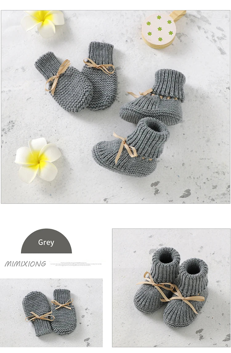 Zapatos, calzados, medias cálidas tejidas para bebés para invierno Baby Shoes + Gloves Set Knit Newborn Girls Boys Boots Mitten Fashion Butterfly-knot Toddler Infant Slip-On Bed Shoes Hand Made