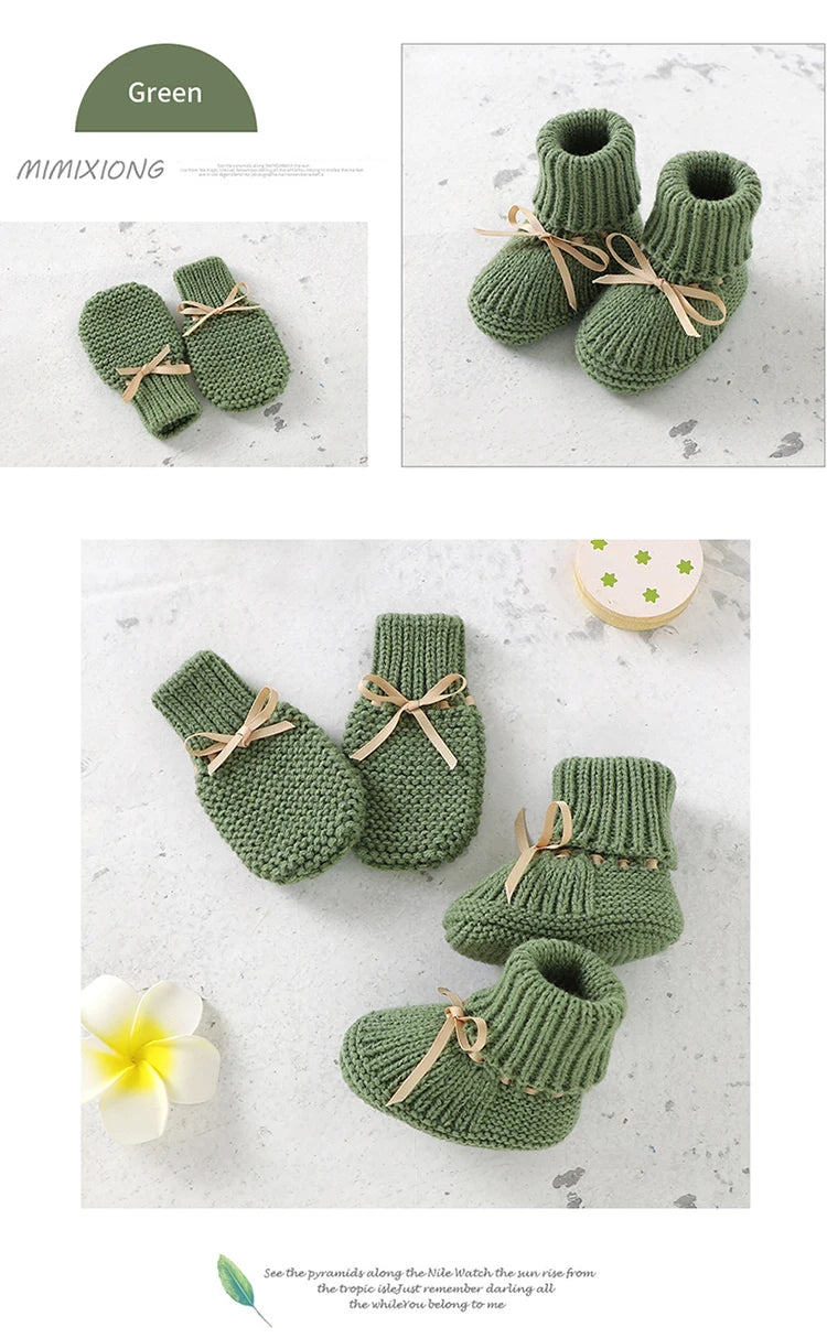 Zapatos, calzados, medias cálidas tejidas para bebés para invierno Baby Shoes + Gloves Set Knit Newborn Girls Boys Boots Mitten Fashion Butterfly-knot Toddler Infant Slip-On Bed Shoes Hand Made