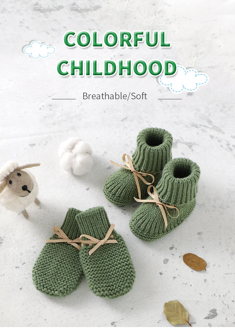 Zapatos, calzados, medias cálidas tejidas para bebés para invierno Baby Shoes + Gloves Set Knit Newborn Girls Boys Boots Mitten Fashion Butterfly-knot Toddler Infant Slip-On Bed Shoes Hand Made