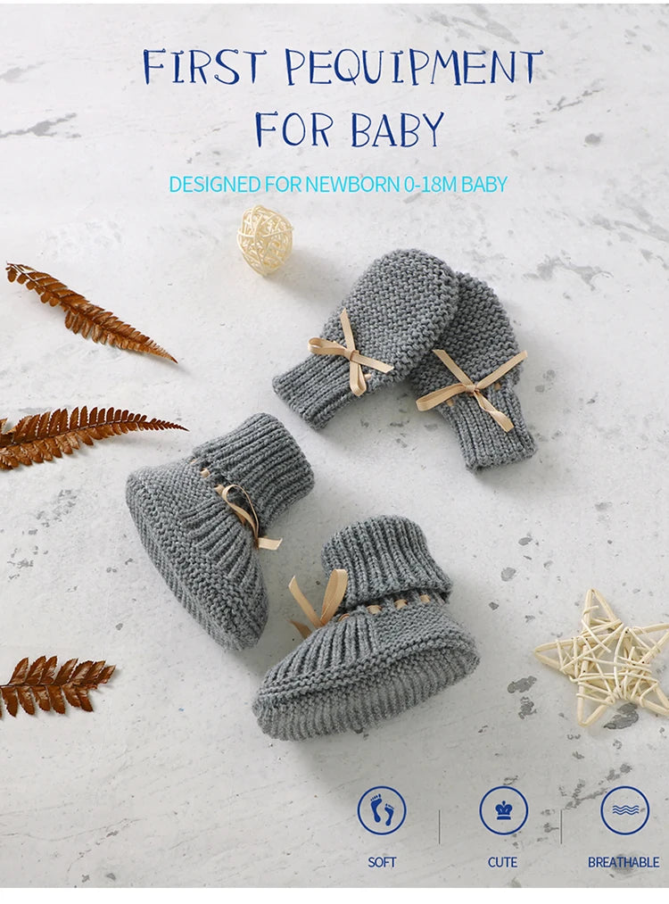 Zapatos, calzados, medias cálidas tejidas para bebés para invierno Baby Shoes + Gloves Set Knit Newborn Girls Boys Boots Mitten Fashion Butterfly-knot Toddler Infant Slip-On Bed Shoes Hand Made