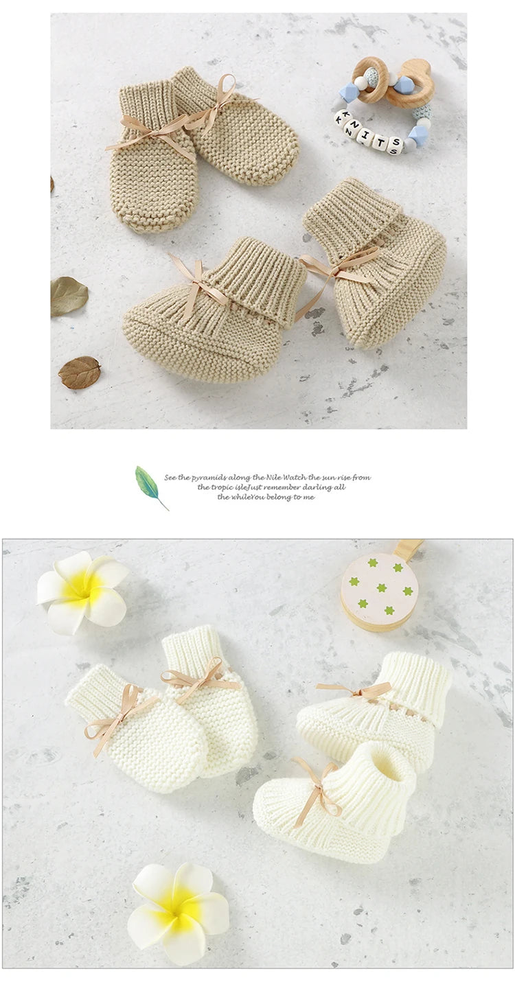 Zapatos, calzados, medias cálidas tejidas para bebés para invierno Baby Shoes + Gloves Set Knit Newborn Girls Boys Boots Mitten Fashion Butterfly-knot Toddler Infant Slip-On Bed Shoes Hand Made