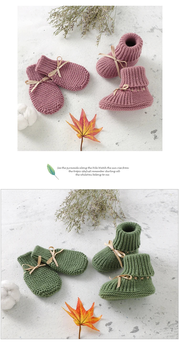 Zapatos, calzados, medias cálidas tejidas para bebés para invierno Baby Shoes + Gloves Set Knit Newborn Girls Boys Boots Mitten Fashion Butterfly-knot Toddler Infant Slip-On Bed Shoes Hand Made