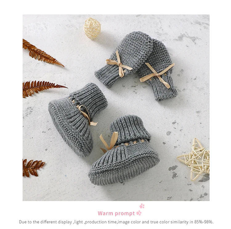 Zapatos, calzados, medias cálidas tejidas para bebés para invierno Baby Shoes + Gloves Set Knit Newborn Girls Boys Boots Mitten Fashion Butterfly-knot Toddler Infant Slip-On Bed Shoes Hand Made