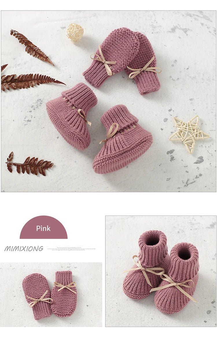 Zapatos, calzados, medias cálidas tejidas para bebés para invierno Baby Shoes + Gloves Set Knit Newborn Girls Boys Boots Mitten Fashion Butterfly-knot Toddler Infant Slip-On Bed Shoes Hand Made