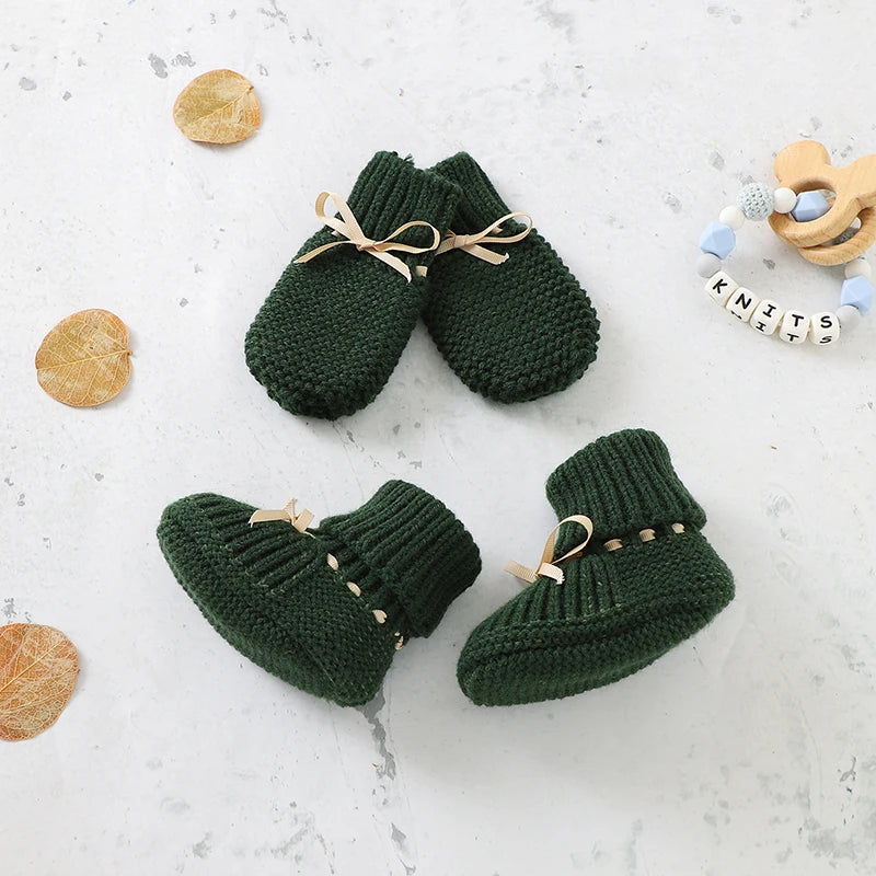 Zapatos, calzados, medias cálidas tejidas para bebés para invierno Baby Shoes + Gloves Set Knit Newborn Girls Boys Boots Mitten Fashion Butterfly-knot Toddler Infant Slip-On Bed Shoes Hand Made