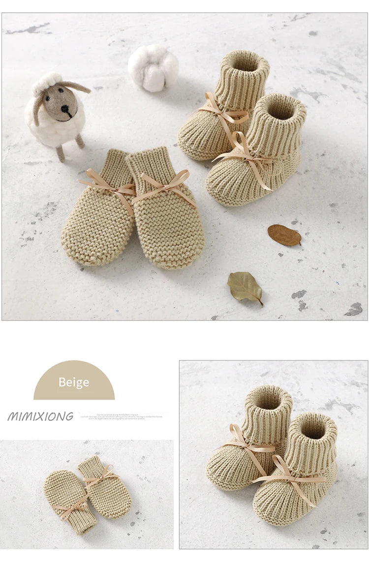 Zapatos, calzados, medias cálidas tejidas para bebés para invierno Baby Shoes + Gloves Set Knit Newborn Girls Boys Boots Mitten Fashion Butterfly-knot Toddler Infant Slip-On Bed Shoes Hand Made