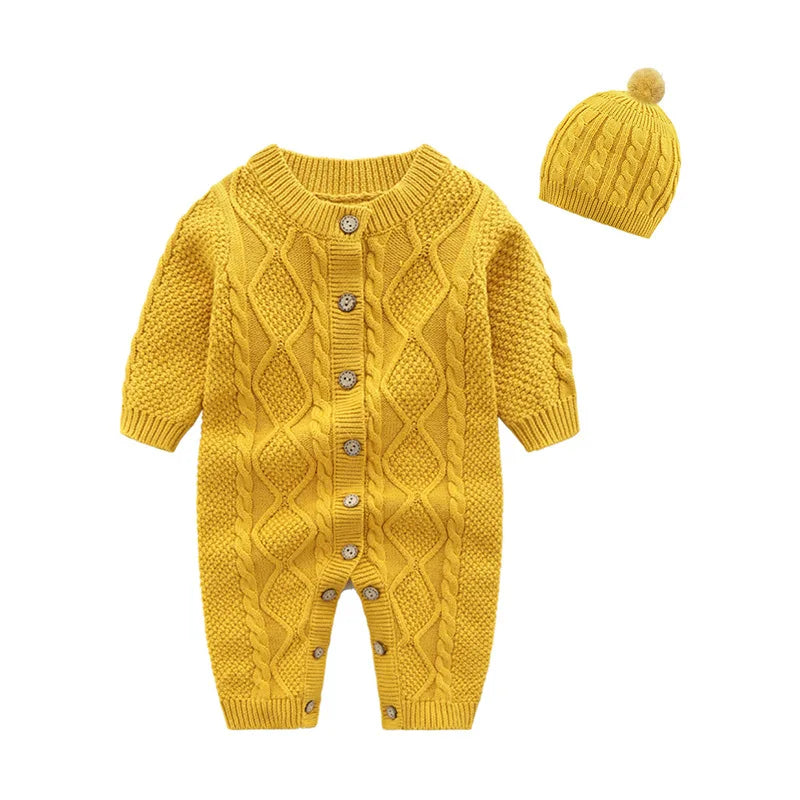 Ropa cálida para invierno para bebés recién nacidos tejidos  Knitted Jumpsuits Outfits Baby Rompers Caps Clothes Sets Winter Long Sleeve Toddler Infant Overalls 2pcs