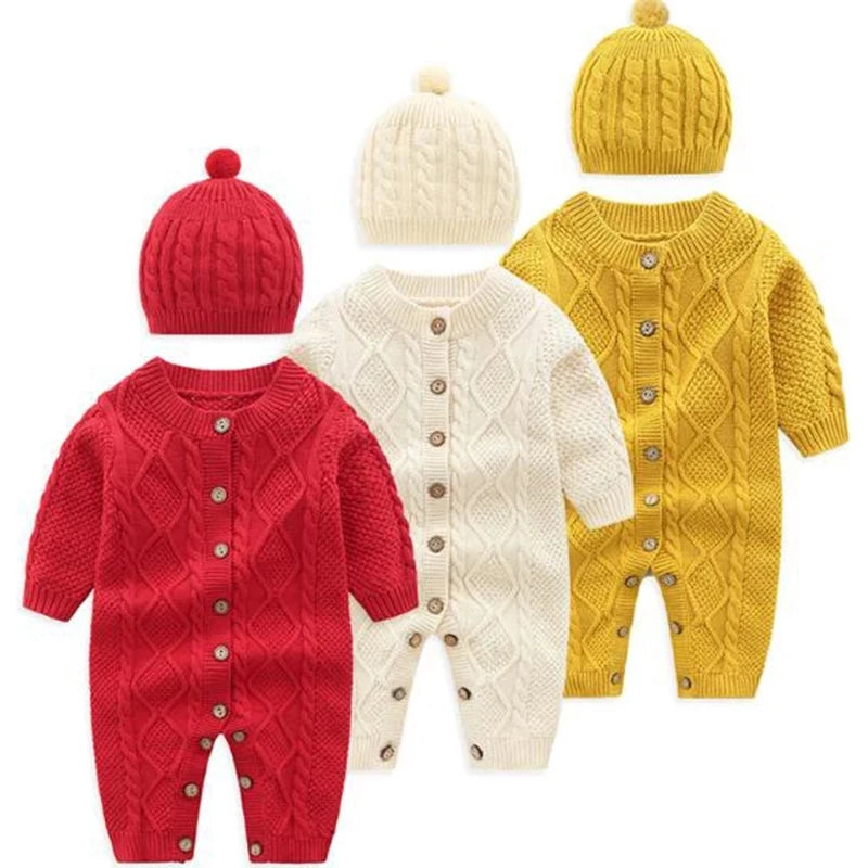 Ropa cálida para invierno para bebés recién nacidos tejidos  Knitted Jumpsuits Outfits Baby Rompers Caps Clothes Sets Winter Long Sleeve Toddler Infant Overalls 2pcs