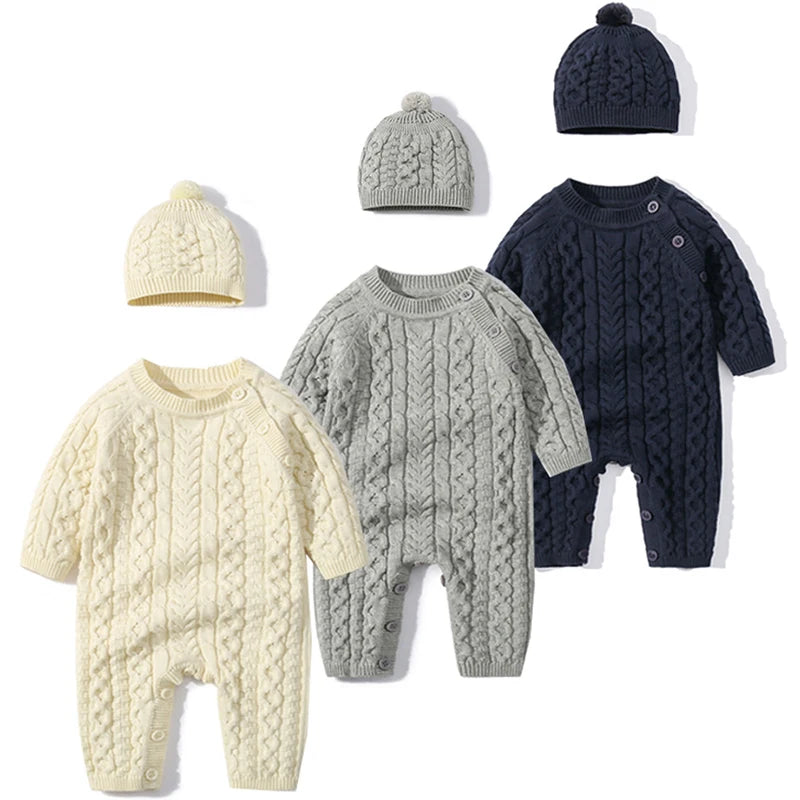 Ropa cálida para invierno para bebés recién nacidos tejidos  Knitted Jumpsuits Outfits Baby Rompers Caps Clothes Sets Winter Long Sleeve Toddler Infant Overalls 2pcs