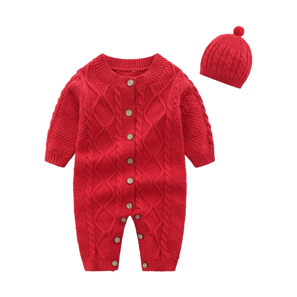 Ropa cálida para invierno para bebés recién nacidos tejidos  Knitted Jumpsuits Outfits Baby Rompers Caps Clothes Sets Winter Long Sleeve Toddler Infant Overalls 2pcs