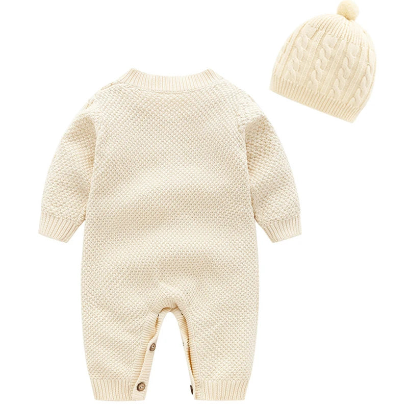 Ropa cálida para invierno para bebés recién nacidos tejidos  Knitted Jumpsuits Outfits Baby Rompers Caps Clothes Sets Winter Long Sleeve Toddler Infant Overalls 2pcs