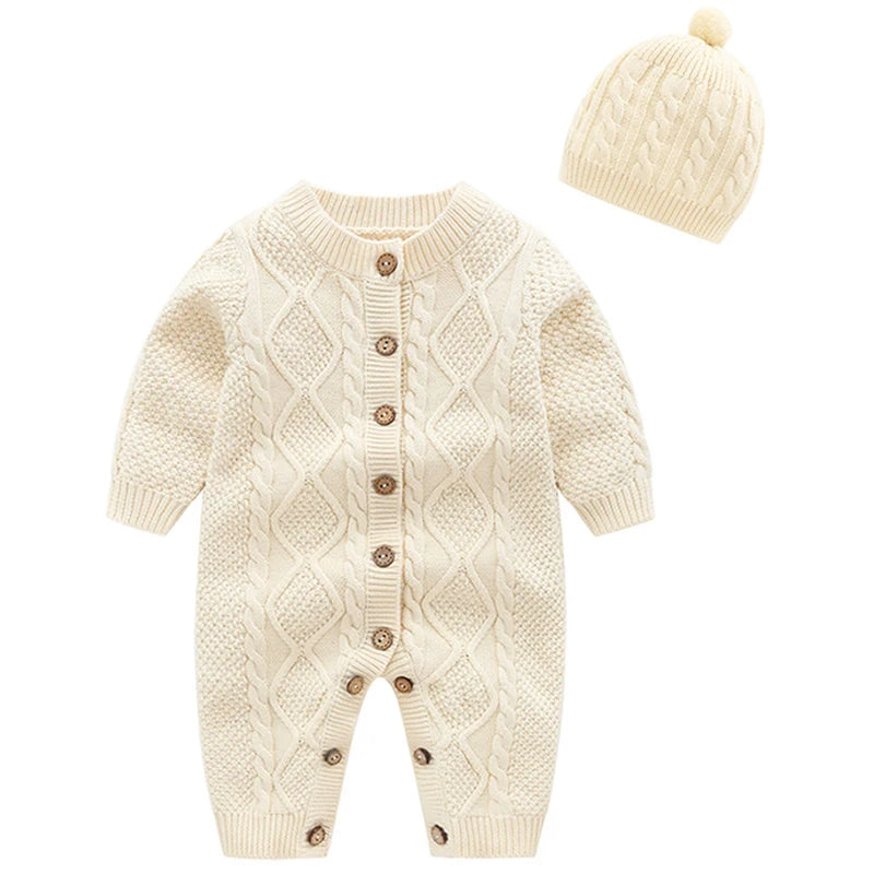 Ropa cálida para invierno para bebés recién nacidos tejidos  Knitted Jumpsuits Outfits Baby Rompers Caps Clothes Sets Winter Long Sleeve Toddler Infant Overalls 2pcs