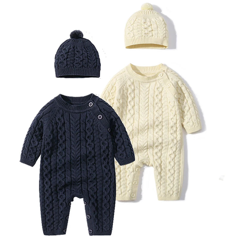 Ropa cálida para invierno para bebés recién nacidos tejidos  Knitted Jumpsuits Outfits Baby Rompers Caps Clothes Sets Winter Long Sleeve Toddler Infant Overalls 2pcs