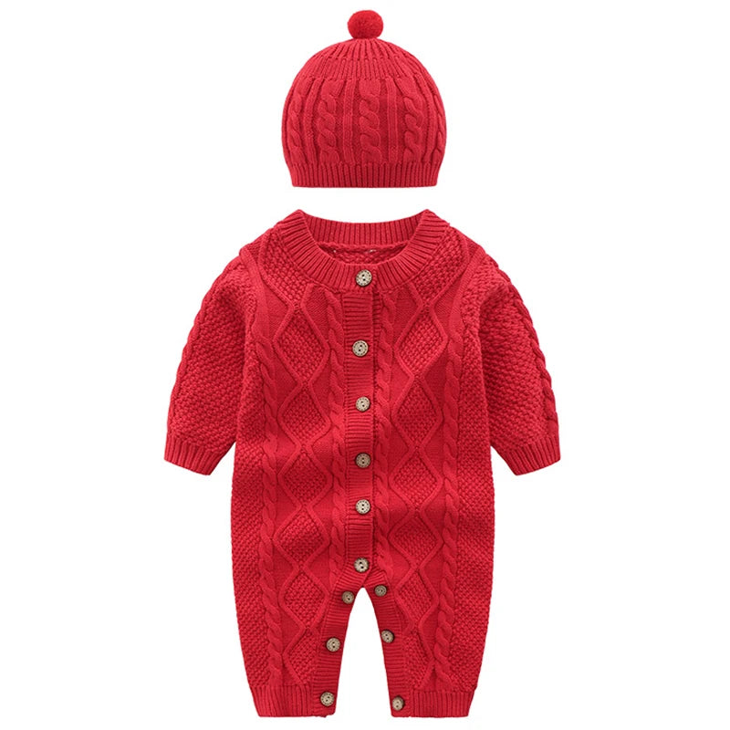 Ropa cálida para invierno para bebés recién nacidos tejidos  Knitted Jumpsuits Outfits Baby Rompers Caps Clothes Sets Winter Long Sleeve Toddler Infant Overalls 2pcs